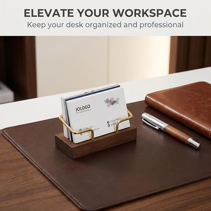 Solid Walnut Wood Business Card Holder, Brass Metal Arc Baffle Desktop Name Card Display Stand for Office Reception, Trade Show and Desk Organization Black
