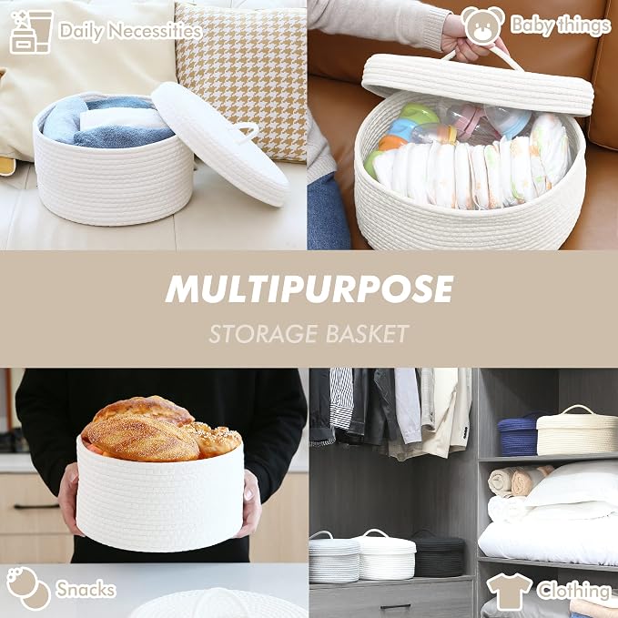 Sea Team Round Cotton Rope Storage Basket with Lid, Lidded Woven Storage Bin, Nursery Storage Container, Diaper Caddy, Baby Shower Basket, Box, Organizer, 11.8 x 11.8 x 6.7 Inches (Medium, White)