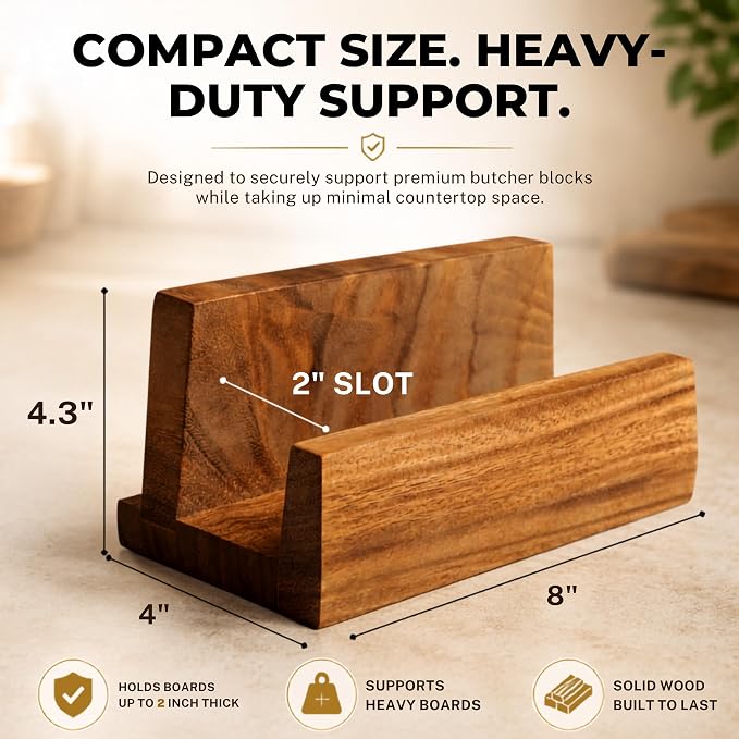 SHUMARU Cutting Board Holder for Countertop - Solid Hardwood Stand for Premium Butcher Blocks - Fits One 2" Thick or Two 1" Cutting Boards - Heavy-Duty Kitchen Organizer with Anti-Tip Rear Support