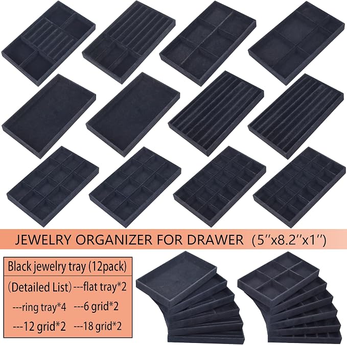 12 Set Jewelry Trays Organizer Stackable Jewelry Display Case Storage Box for Earring Necklace Rings Bracelet Watch, Black