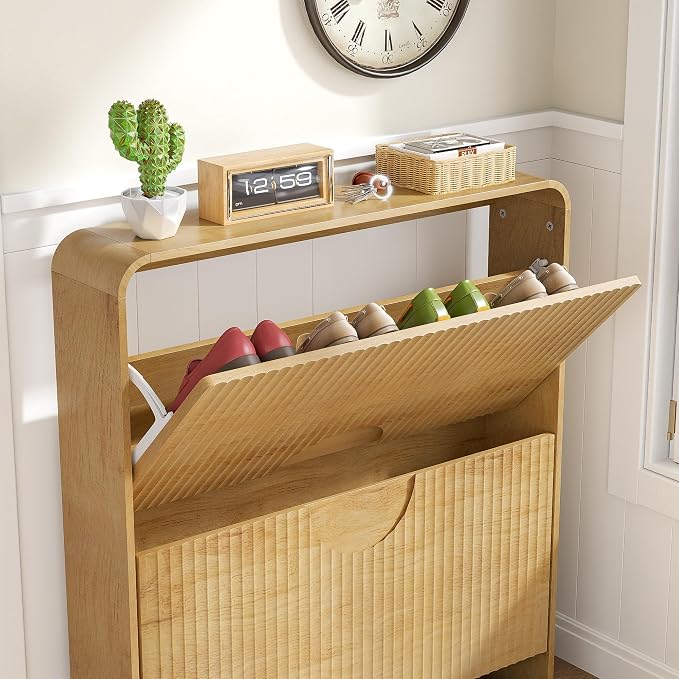 Narrow Shoe Cabinet for Entryway, Thin Entry Way Shoe Storage Cabinet with 2 Flip Drawers, No Shelf, Slim Hidden Shoe Rack Organizer for Entrance, Foyer, Wood Small