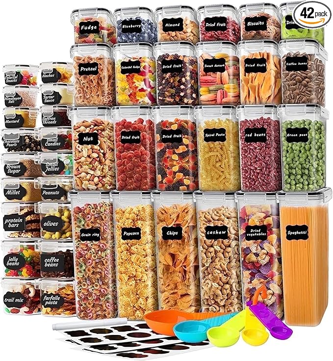 42 Pcs Airtight Food Storage Containers Set with Lids, BPA Free Clear Pantry Canisters for Kitchen Organization, Plastic Containers for Cereal, Dry Food & Sugar, Includes 50 Labels