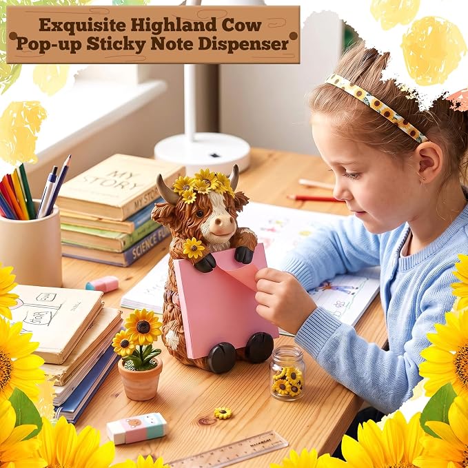 Thenshop Fall Sunflower Highland Cow Pop up Sticky Note Holder Autumn Resin Highland Cow Note Dispenser with 100 Sheets 3 x 3 Inch Sticky Notes Desk Accessory for Fall Harvest Office Home
