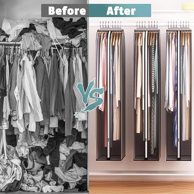Liuoud 10" Gusseted Garment Bags for Hanging Clothes 32" Suit Bags for Open Closet Storage, Side Clear Clothing Cover for Coat, Dress, Jacket, Shirt, Fur Wardrobe Protector, 3 Packs, Grey