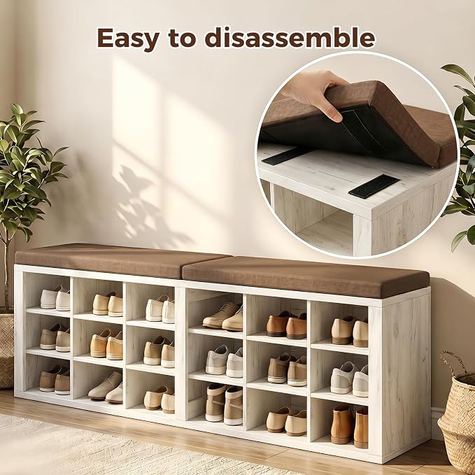 Shoe Rack Bench, Shoe Storage Bench with Cushion, Shoe Organizer 18 Cubbies for Entryway Hallway Bedroom Living Room, Holds Up to 400lbs