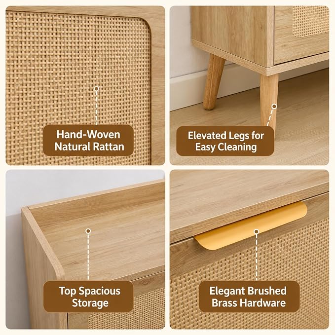 Shoe Storage Cabinet for Entryway, Slim Freestanding Rattan Shoe Cabinet with 3 Flip Drawers, Hidden Shoe Organizer Cabinet, Narrow Shoe Rack , Farmhouse Design (4 Flip Drawer - Breathe Rattan)