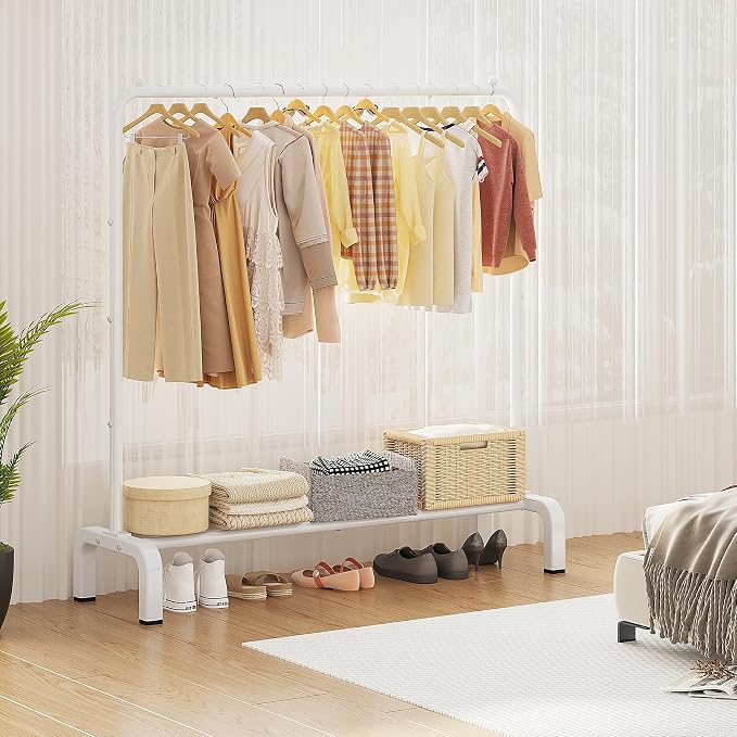 JIUYOTREE Metal Clothing Rack, 43.3 Inches Clothes Garment Coat Rack with Bottom Shelf for Hanging Skirts, Shirts, Sweaters, White