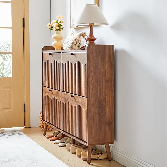 BERRYMERRY 47.2” Shoe Storage Cabinet for Entryway with 4 Flip Drawers, Narrow Shoe Organizer with Wave&Fluted Panel, Freestanding Wood Hidden Shoe Cabinet for Hallway