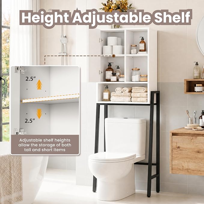24" W Over The Toilet Storage Cabinet with Fluted Door,Bathroom Organizers and Storage with Adjustable Shelves, Modern Over Toilet Organizer for Bathroom,Restroom,Laundry,White