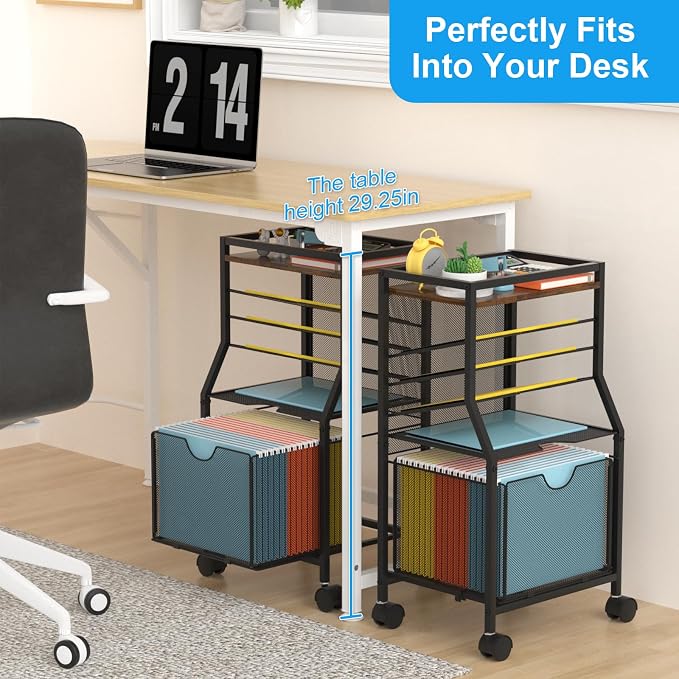 BOHDK Rolling File Cart, 6-Tier Desk File Organizer on Lockable Wheels, Brown Wood Planks & Mesh Sliding Hanging Folder Drawer, Organization Cart for Office Home School