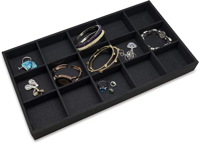 The Display Guys - Stackable Jewelry Tray and Organizer - for Drawers, Dressers, Store Display (15 Compartments, Black Burlap)