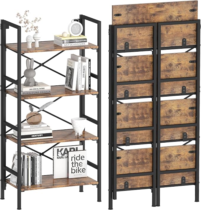 Homeiju Folding Bookshelf,4 Tier Bookcase Foldable Shelf with X-Bracket Design, Adjustable Feet, Space Saving Storage for Living Room, Office, Rustic Brown