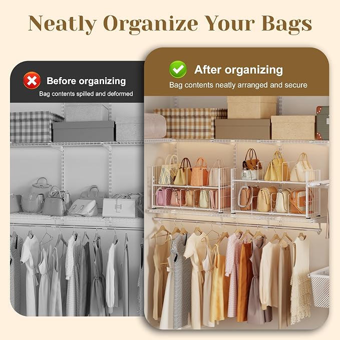 koozuuyk 2 Pack Purse Organizer for Closet, 2 Tier Handbag Wire Organizer Rack with 6 Adjustable Shelf Dividers Each,Handbag Storage Holder for Purses, Totes,Clutches&Chain Bags