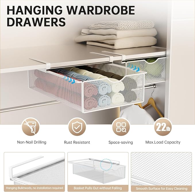 2 Pack Closet Pull-Out Baskets Bra Underwear and Sock Organizer for Drawer Women College Dorm Room Essentials (White)
