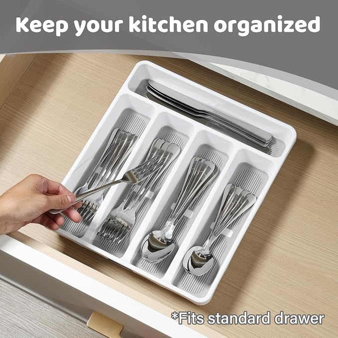 shopwithgreen Silverware Organizer with Cutlery Icons，Silverware Tray for Kitchen Drawer，Plastic Flatware Drawer Organizer Utensil Organizer with Non-slip TPR Linings，5-Compartment Silverware Caddy