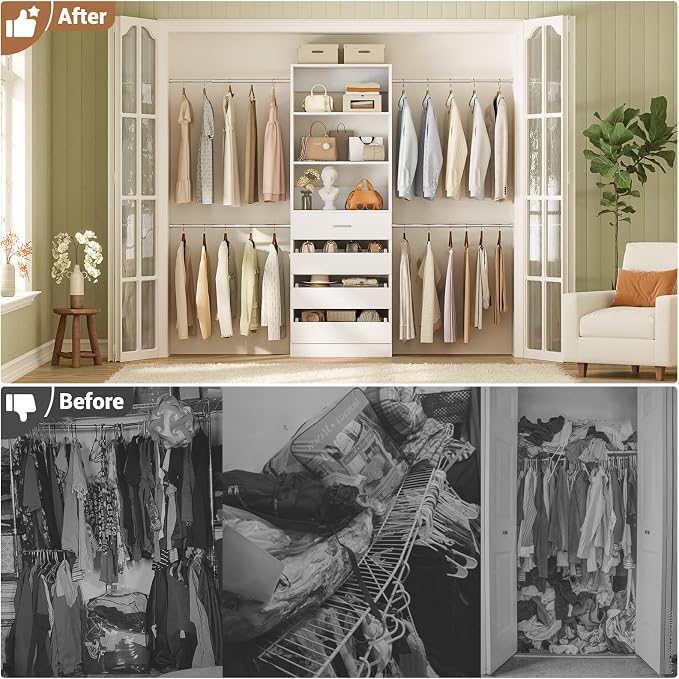 Aheaplus Closet System with 4 Drawers, 3.4-7FT Small Wood Closet Organizer System, Walk-in Closet Wardrobe with Tower and 4 Hang Rods, Built In Closet Insert System, Fits Spaces 4ft, 5ft,6ft,7ft,White