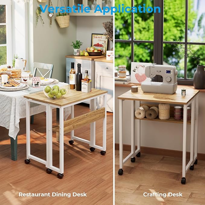 GreenForest Folding Desk with Wheels, 31.5" Rolling Table for Small Spaces | Storage Shelf, Lockable Casters, Compact Portable Workstation, Space-Saving Foldable Sofa Table, Home Office, Mobile, Oak