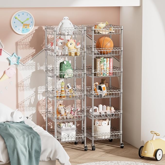 Golpart Basket Shelves Closet Rack with Wheels Metal Pantry Wire Shelf Unit | 6 tier Storage Rolling Shelving Bathroom Organizers Kitchen Garage Laundry Room Organization Home 13.6"Dx13.6"Wx63"H Grey