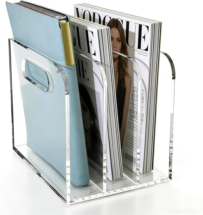 Clear Acrylic Magazine File Holder, 3 Compartment Desk Organizer | 3 spacious vertical compartments hold magazines, files, books & more. Clear acrylic, non-slip base. No assembly, portable.