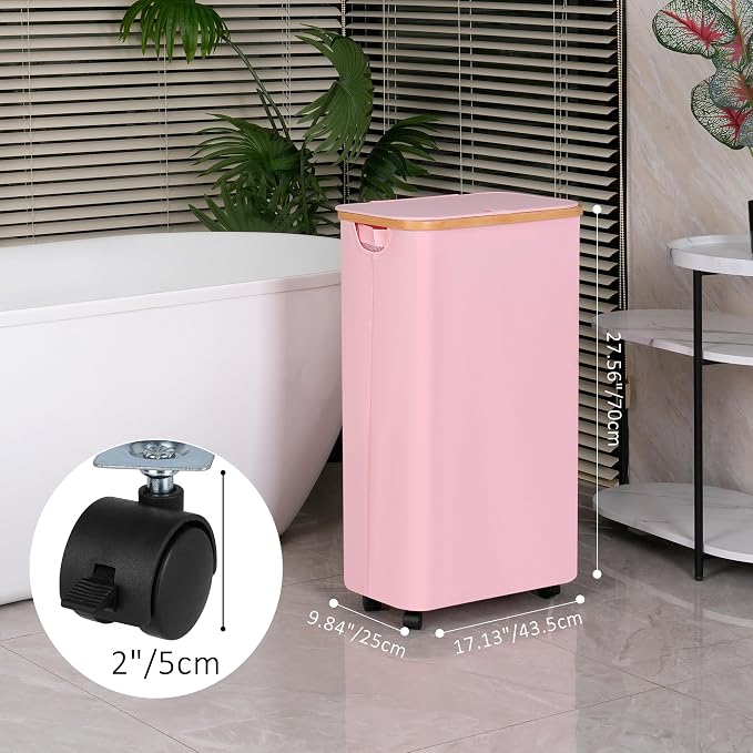 74L Laundry Hamper with Wheels,Clothes Hamper for Laundry Pink | Laundry Basket with Lid and Inner Bag, for Laundry Room, Bedroom, Dormitory Storage,Pink