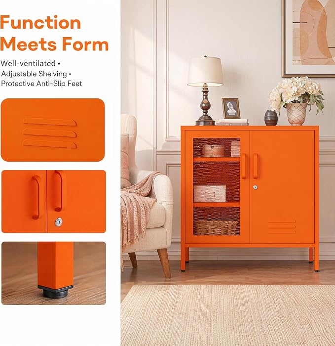 Lockable Metal Storage Cabinet Locker, Multifunctional Versatile Storage Lockers with Adjustable Shelves and Mesh Door, Durable Metal Sideboard Furniture for Restaurant Home Office Orange