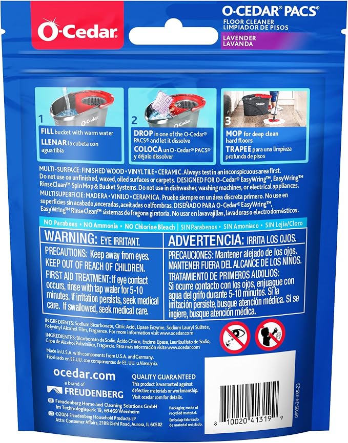 O-Cedar PACS Hard Floor Cleaner, Lavender Scent 24 Count (1-Pack) | Made with Naturally-Derived Ingredients | Safe to Use on All Hard Floors | Perfect for Mop Buckets