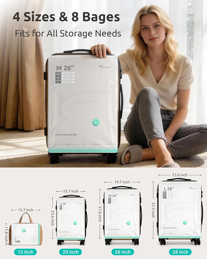 Travel Vacuum Bags with Electric Pump, Clothes & Blankets Storage, 8 Pack | 4 Sizes, Compression Packing Seal Bag for Luggage & Suitcase, Extra-Thick 3.5 Mil Reusable, Cruise Ship Vacation Space Saver