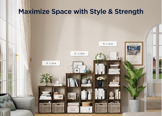 4 Cube Storage Organizer, 2x2 Cube Bookshelf, Cubby Storage Shelf, Wooden Organizer Shelf with Thickened Boards, for Closet Bedroom Home Office Living Room, 25.12" L x 9.37" W x 25.12" H, Brown