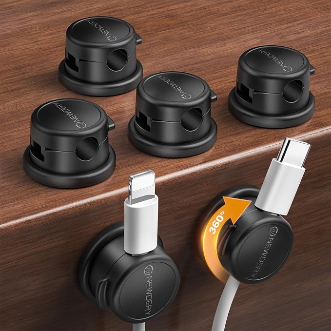 NEWDERY Magnetic Cable Organizer 6-Pack - 360° Rotatable Cable Clips Cord Holder for Desk - 3M Adhesive Wire Holder for Phone Charger, Home Office Accessories & Nightstand Organization-Black