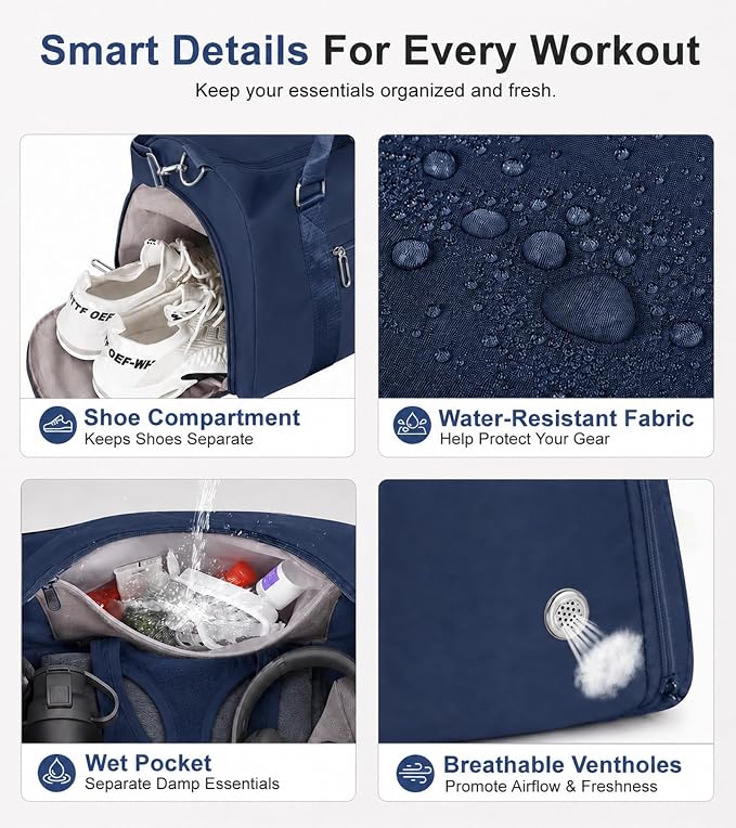 FIORETTO Womens Gym Tote Duffle Bag with Wet Pocket & Shoe Compartment, Sports Duffel Overnight Weekender Hospital Workout Carry on Bag for Girls, Ideal for Travel, Swimming, Dance, Ballet Navy Blue