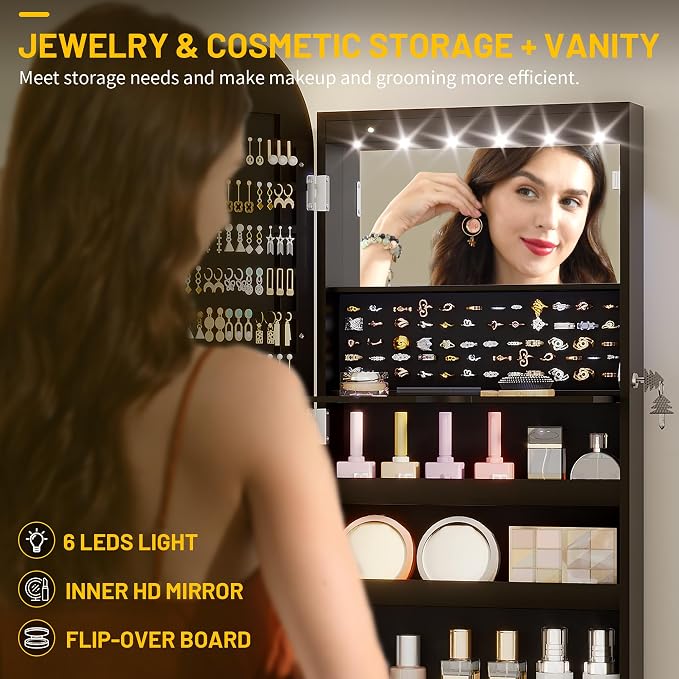 LVSOMT LED Mirror Jewelry Cabinet, Wall/Door Jewelry Organizer, 16" W Black | Lockable Jewelry Armoire with Full Length Mirror, 65 Ring and 108 Earring Slots, Foldable Shelf, Rounded Corner