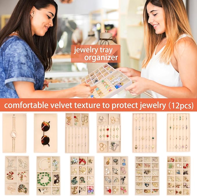 12Set Jewelry Trays Velvet Jewelry Display Plate Stackable Jewelry Drawer Organizer Earring Organizer for Women