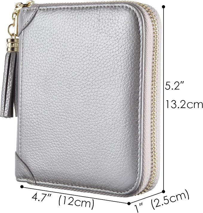 Easyoulife Womens Credit Card Holder Wallet Zip Leather Card Case RFID Blocking (Silver)