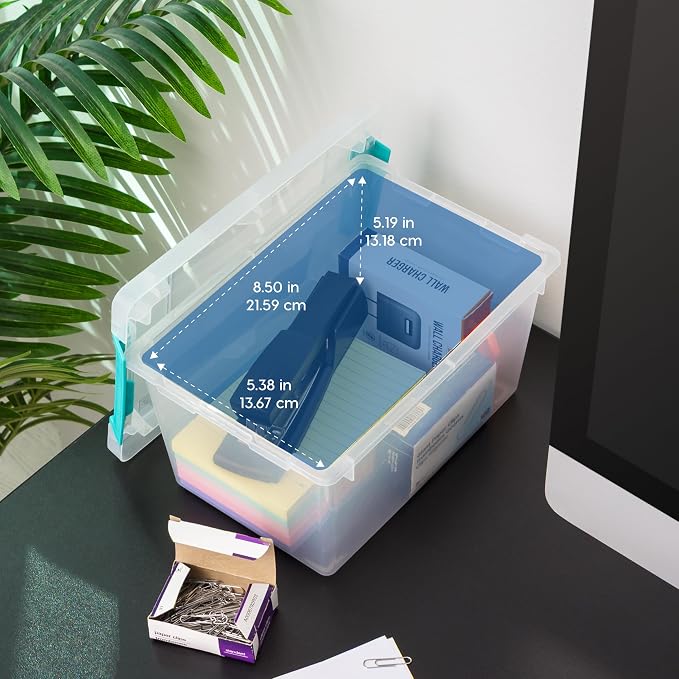 IRIS USA 4 Qt. Craft Storage Bins with Lids, 6-Pack, |Made in USA|, Clip Box, Small Plastic Sensory Bin Tote Organizer Containers for Art Supplies, Paper, & Office, Stackable - Clear/Seafoam Blue