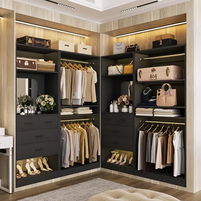 Unikito 61" Closet System, Heavy Duty Wood Closet Organizer with 2 Hanging Rods, Walk-in Wardrobe Garment Rack with Adjustable Shelves, Free-standing Clothing Rack, Black
