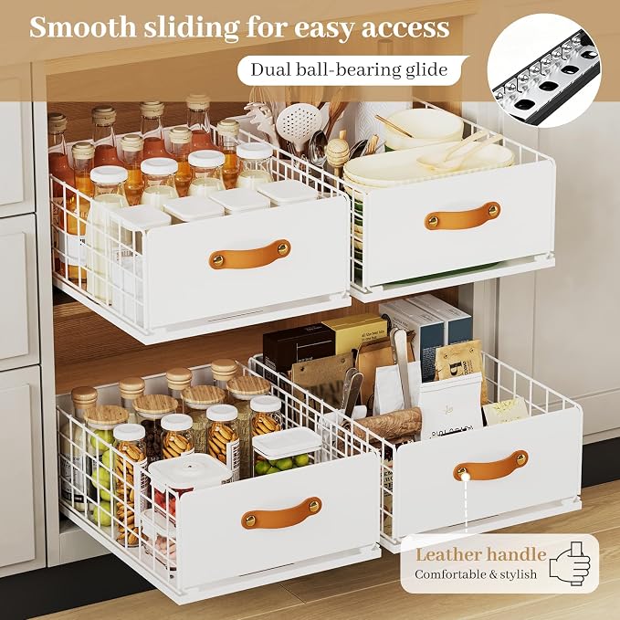 Pull Out Cabinet Organizer, 1 Pack No-Drill Pantry Drawers, Slide Out Shelves with Bamboo Risers for Lipped Cabinets,Ideal for Kitchen, Bathroom & Under Sink Storage (White, 11.8"Wide-15.7"Deep)