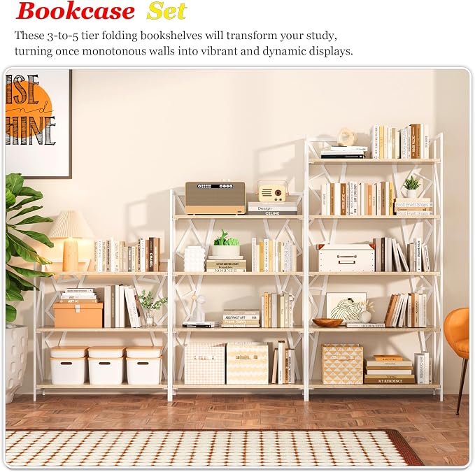 UDD No Assembly Wide Folding Bookshelf, 50.8" H x 30.9" W, 4 Tier Foldable Book Shelf Industrial Bookcase, Vintage Collapsible Storage Shelves for Home Office Living Room Bedroom, Light Oak White