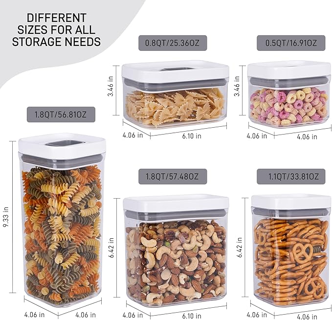 LISI One-Touch Seal Food Storage Containers with Lids, Airtight Stackable BPA-Free Plastic Pantry Canisters for Kitchen Organization, Includes Labels, Marker, Cups & Brush