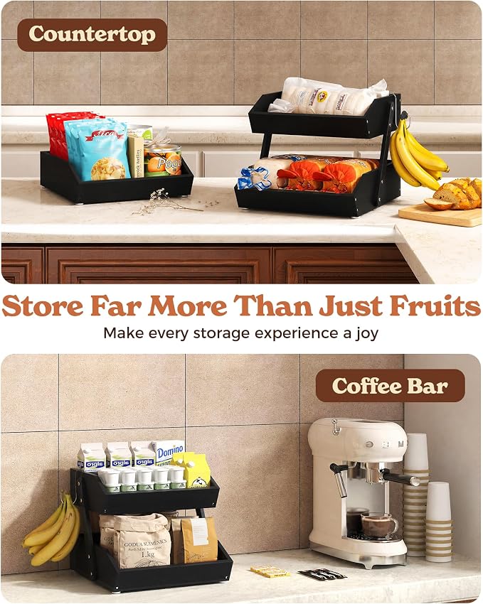 Sevenblue 2-Tier Bamboo Fruit Basket with 2 Banana Holders Black | Large tiered organizer for bread, snacks, veggies. Sturdy bamboo, includes mats & dividers. Easy to assemble.