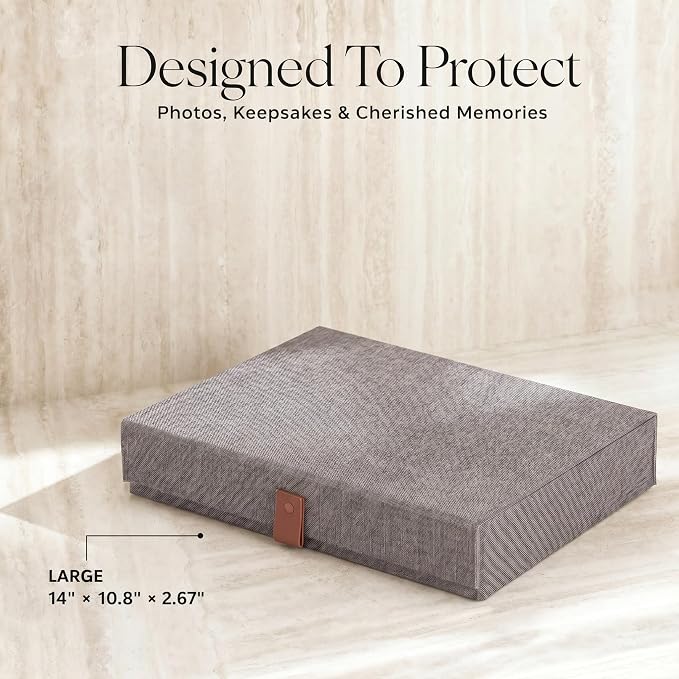 ZICOTO Decorative Photo Storage Box with Lid - A Beautiful Linen Organizer Perfect to Safely Store Your Pictures, Documents, Scrapbooking Supplies, Keepsakes and Other Memories in Style