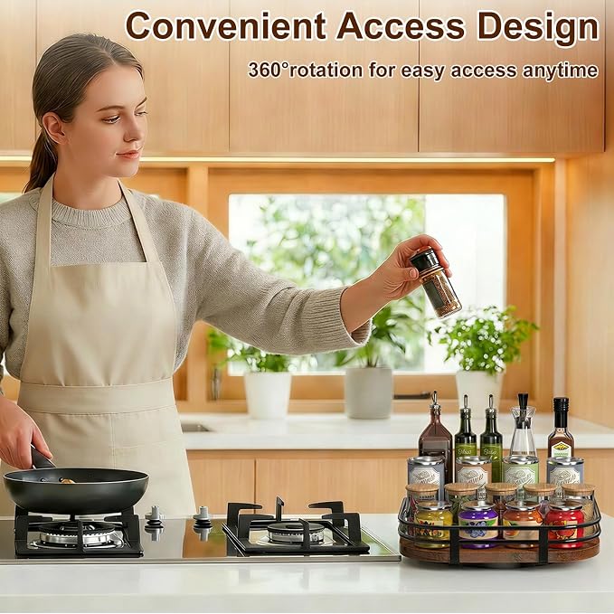 12" Large Lazy Susan Turntable Organizer - Rotating Spice Rack for Table Top, Wood Spice Cabinet Organizer for Pantry Kitchen Countertop Coffee Bar Cupboard Bathroom Vanity Storage