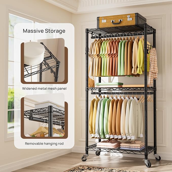 Golpart Heavy Duty Rolling Clothes Rack Wheels Portable Metal Garment Rack | Wardrobe Adjustable Wire Shelving Metal Double Clothing Racks for Hanging Clothes Organizer Closet Laundry Room Organization
