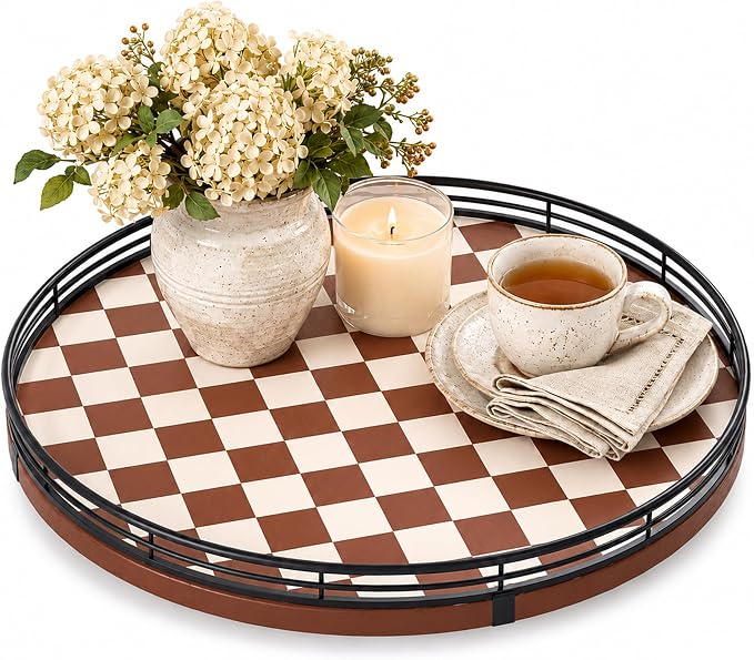 Brown Checkered Lazy Susan Tray, 13 Inch Large Rotating Serving Tray with Black Metal Rail, Round Wood Turntable for Dining Table Centerpiece, Coffee Table Decor and Entertaining