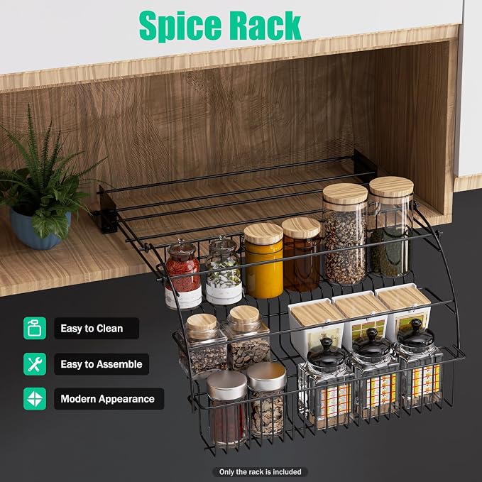 3-Tier Pull Down Spice Rack Organizer, 14.6 * 7.9 * 7.9in 11 lbs Load Capacity Pull Out Spice Organizer Shelf for Inside Cabinet Pantry Expandable Display Riser Shelf Kitchen Seasoning Shelf