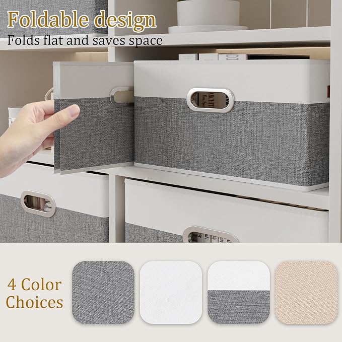 Yawinhe Fabric Storage Baskets,13.0x9.1x7.9in,White/Grey,6-Pack | Foldable Storage Bins for Shelves, Closet Bins for Organization, Collapsible Storage Baskets for Towels, Rectangle Basket
