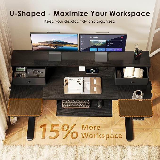 OffiGo 55 Inch U Shape Standing Desk with Keyboard Tray & Drawers, Black | 3 Outlets & 2 USB Ports, Dual-Monitor Stand, 10 Colors & 10 LED Modes, 3 Presets, 28.3"-46.5"in Range, 154 lb Capacity