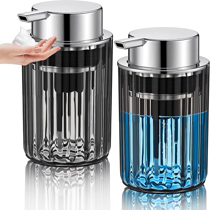 Potchen 2 Pcs Refillable Foaming Hand Soap Dispenser 10 oz Plastic Dispenser Pump Lotion Foaming with Silver Pump for Bathroom Vanities Kitchen(Gray)