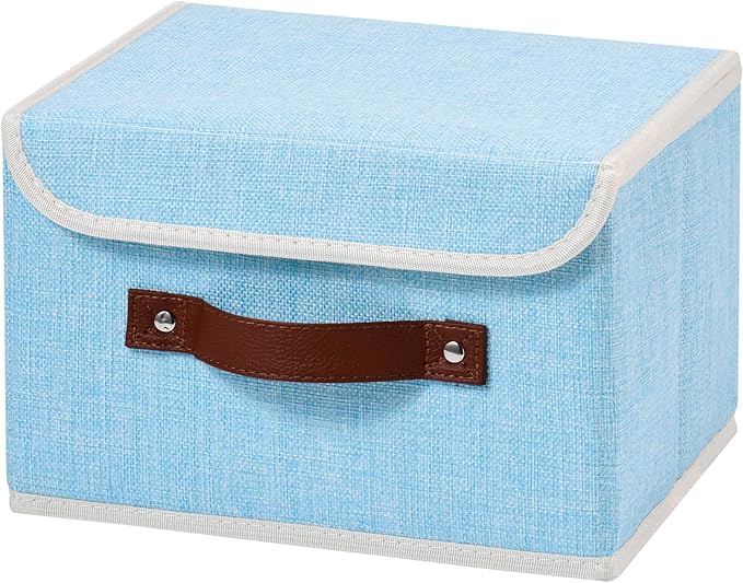 Storage Boxes with Lid Cotton Linen Fabric Storage Bins Organizer Container Decorative Collapsible Washable Shelf Baskets Faux Leather Handles for Home Bedroom Closet (Light Blue, Small)