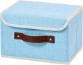 Storage Boxes with Lid Cotton Linen Fabric Storage Bins Organizer Container Decorative Collapsible Washable Shelf Baskets Faux Leather Handles for Home Bedroom Closet (Light Blue, Small)