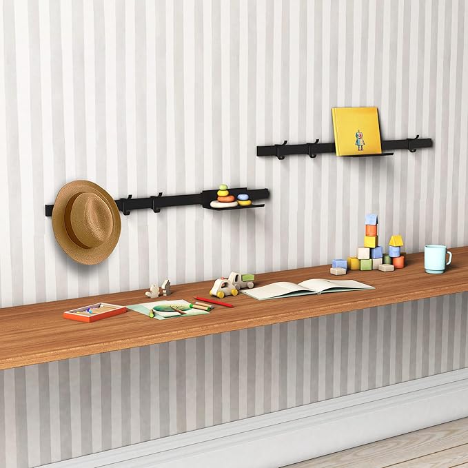 Modern Aluminum Wallmount Organizer, 32.3" Rail with Adjustable 4 Hooks, Wall Rail (Ivory) (Ivory, 32.3" Rail with Shelf Tray & 3 Hooks)